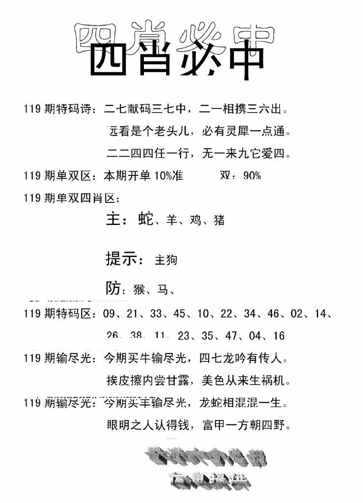 六合彩119期四肖中特(新)(黑白)