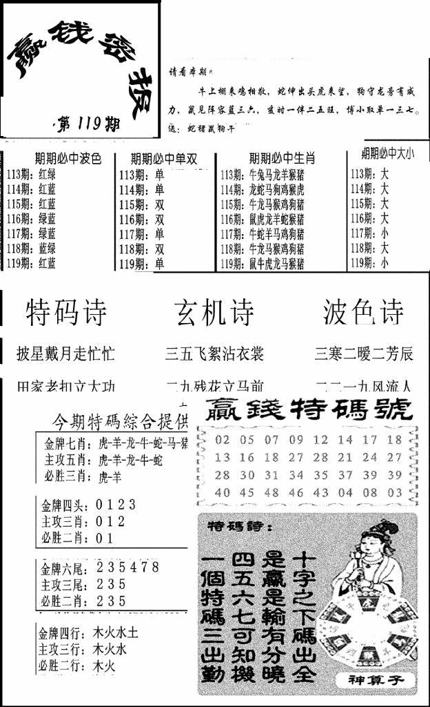 六合彩119期赢钱密报(新图)(黑白)