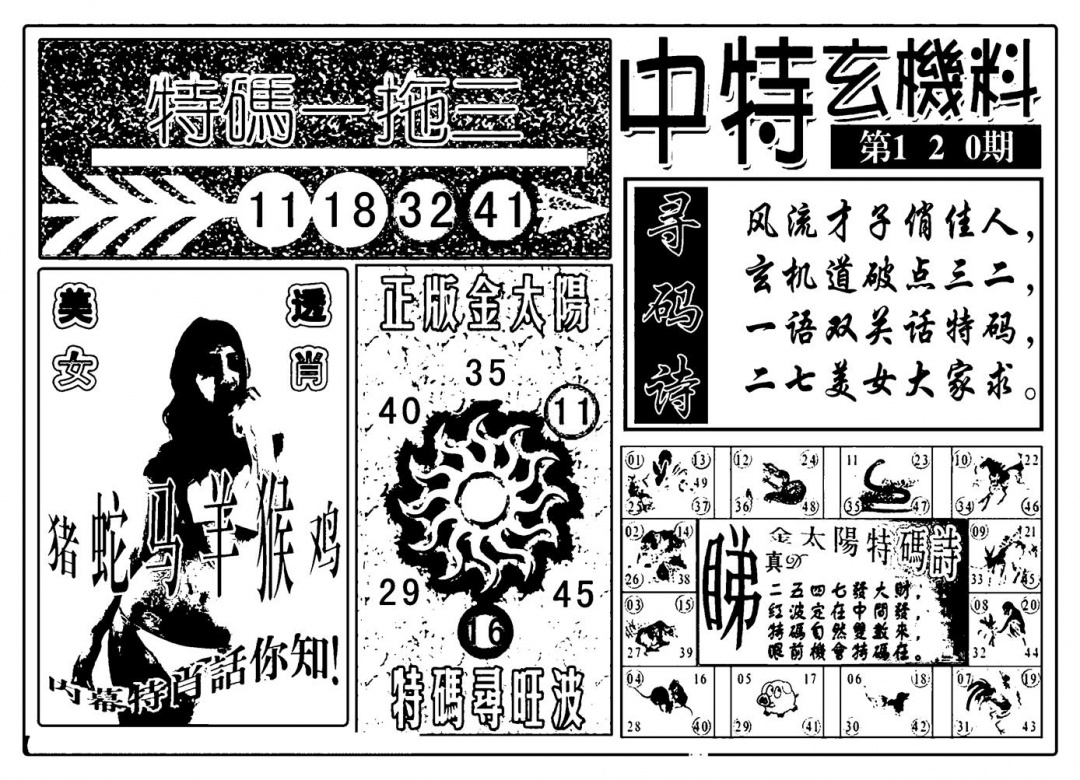 六合彩120期中特玄机料(新图)(黑白)