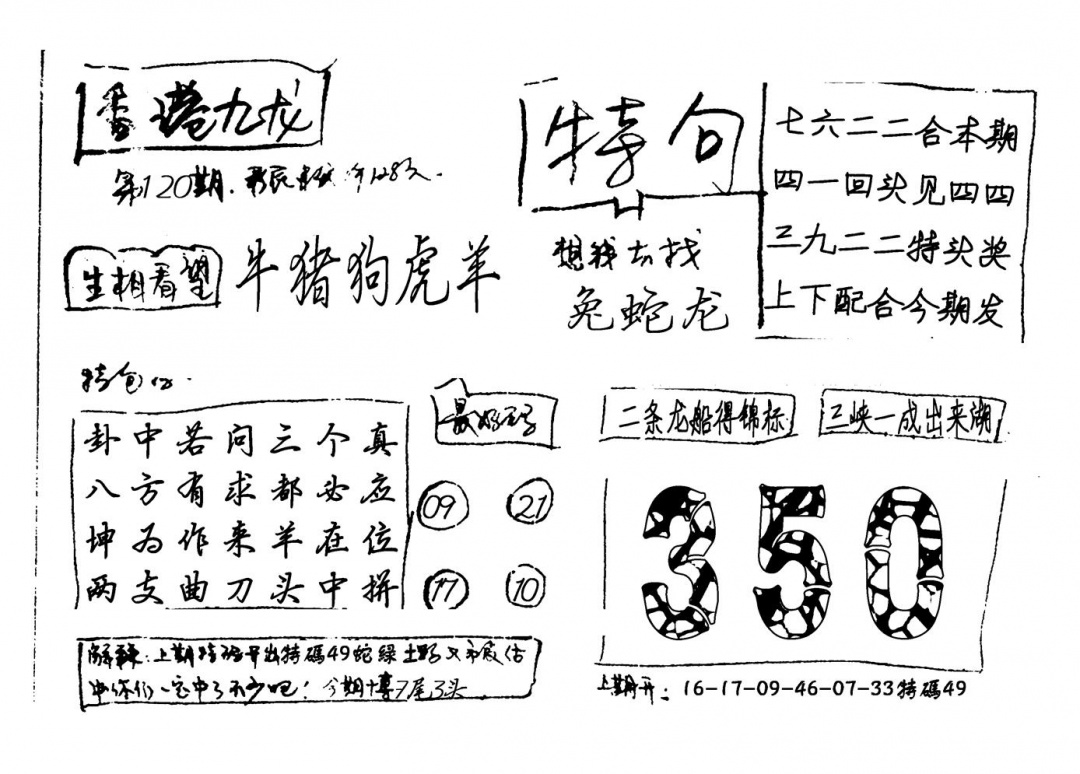 六合彩120期香港九龙(新图)手写(黑白)