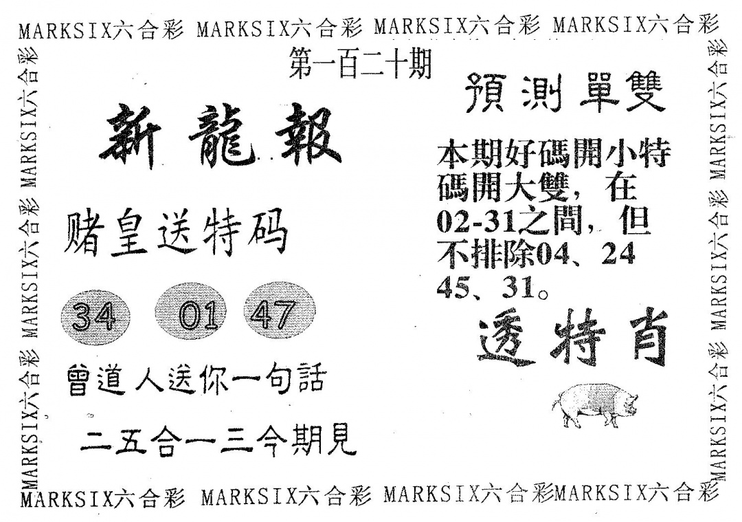 六合彩120期新龙报(黑白)