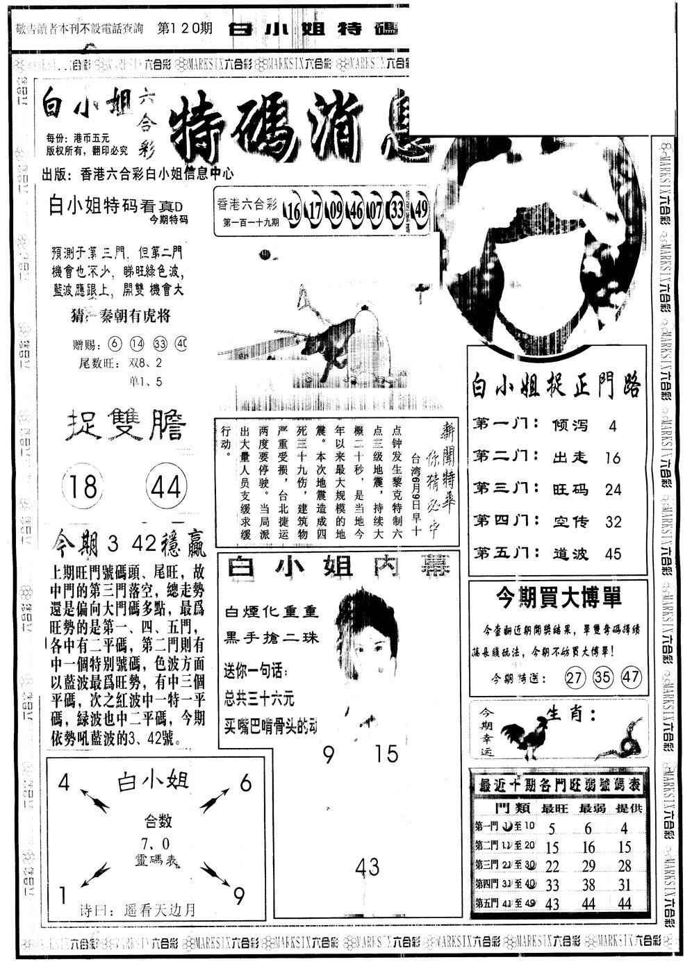 六合彩120期另版白姐特码消息A(黑白)