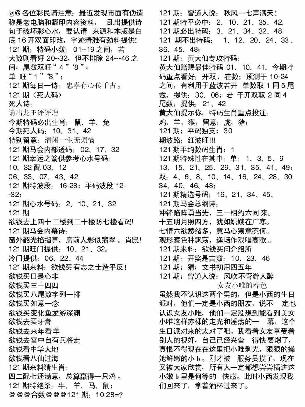 六合彩121期当日电脑综合资料B(黑白)