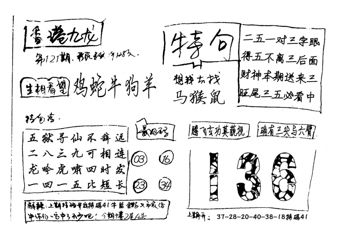 六合彩121期香港九龙(新图)手写(黑白)