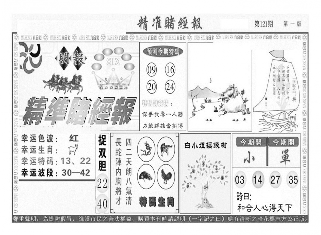 六合彩121期精准赌经报A（新图）(黑白)