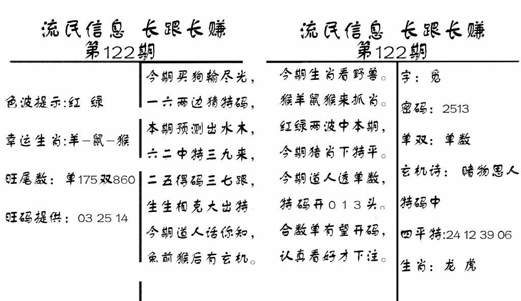 六合彩122期流民信息(黑白)