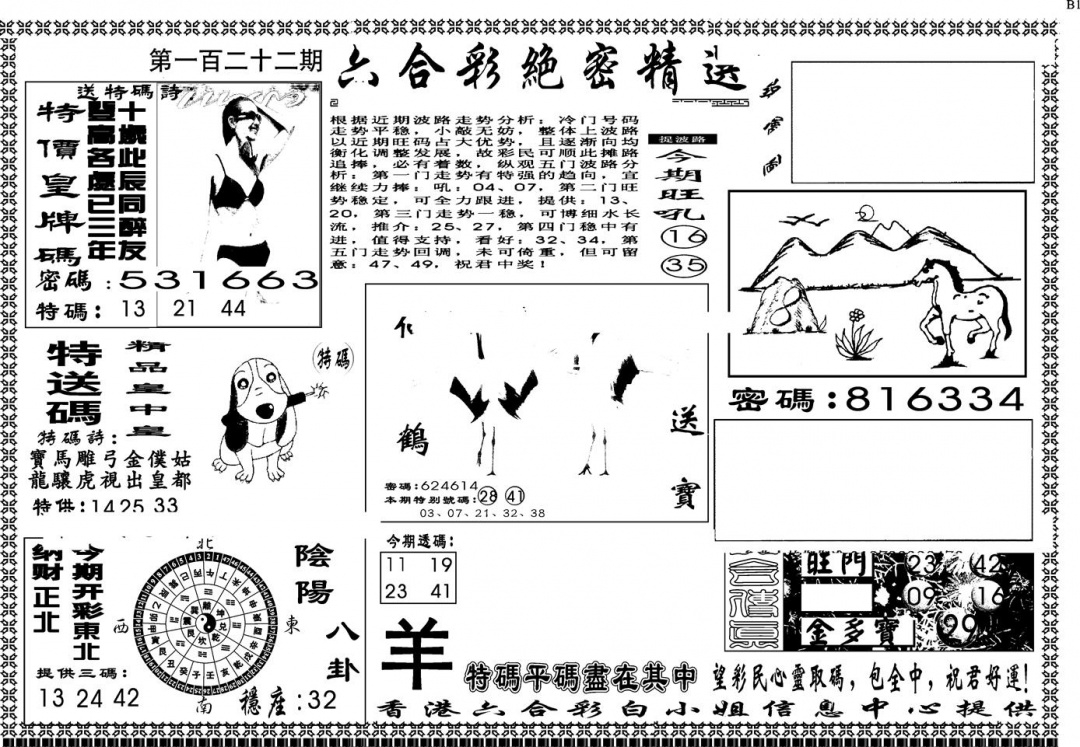六合彩122期另版白姐绝密精选A(黑白)