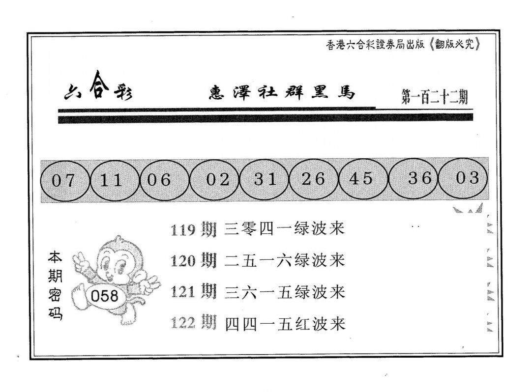 六合彩122期黑马(黑白)