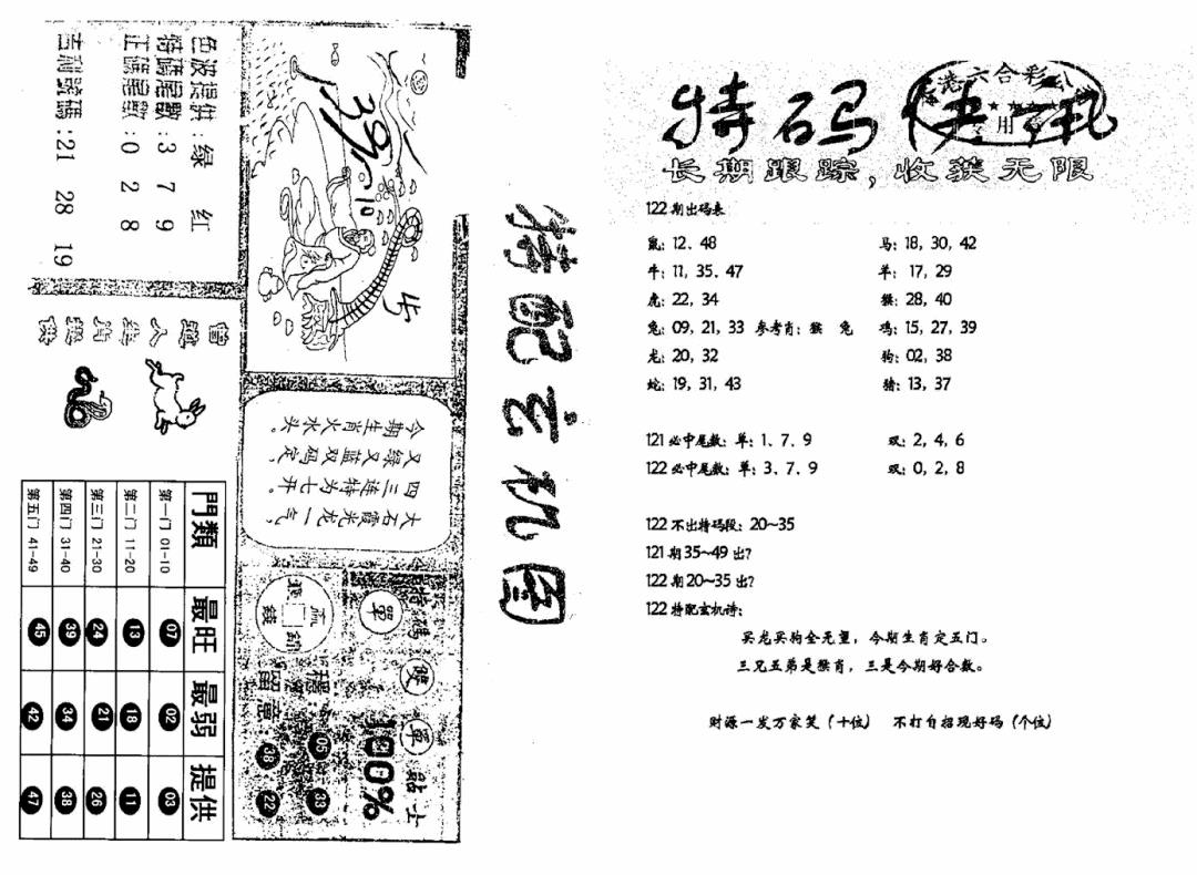 六合彩122期特快快讯+玄机图(新)(黑白)