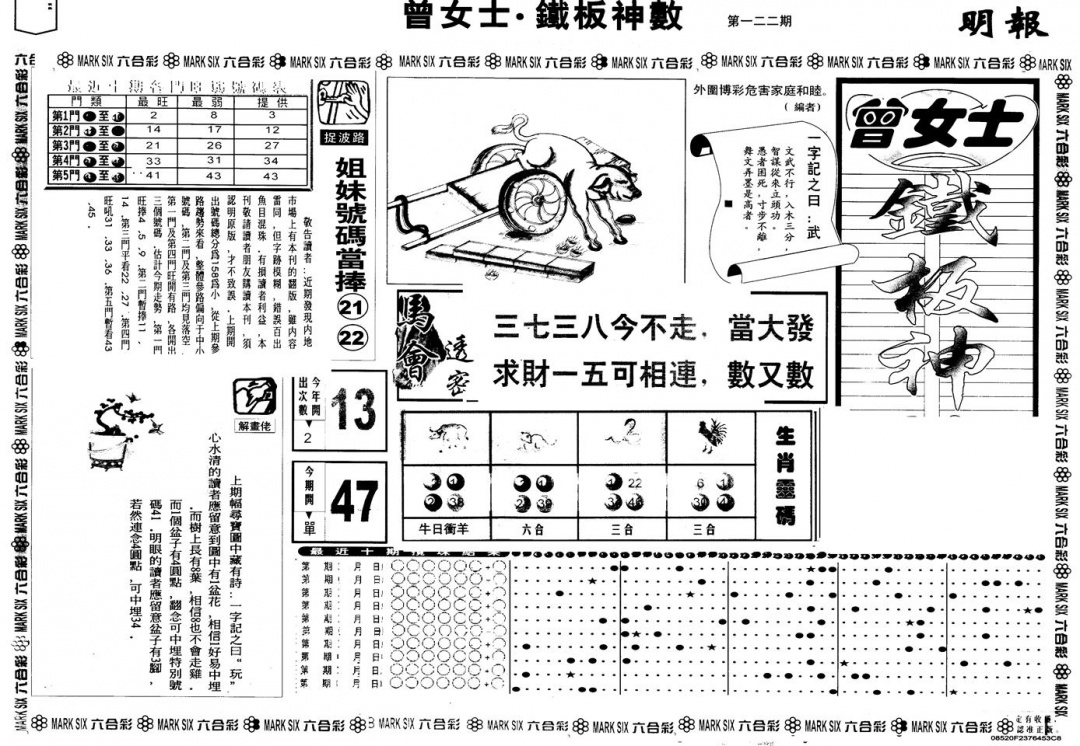 六合彩122期另版曾铁板神数A(黑白)