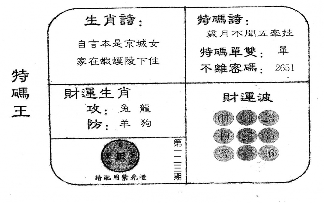 六合彩123期老版特码王(黑白)