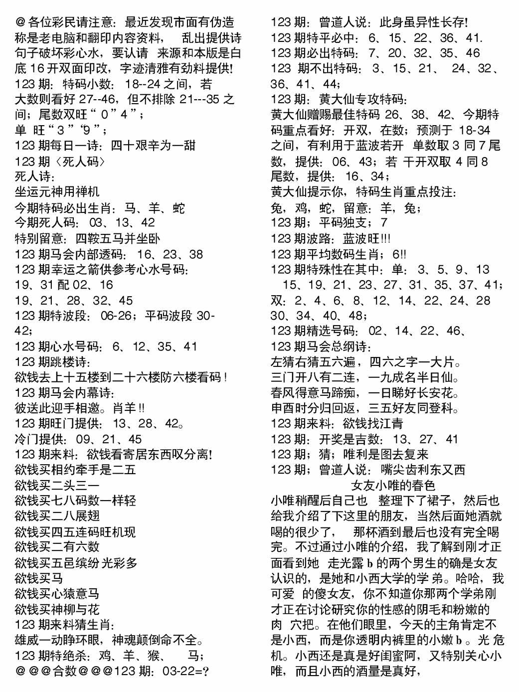 六合彩123期当日电脑综合资料B(黑白)