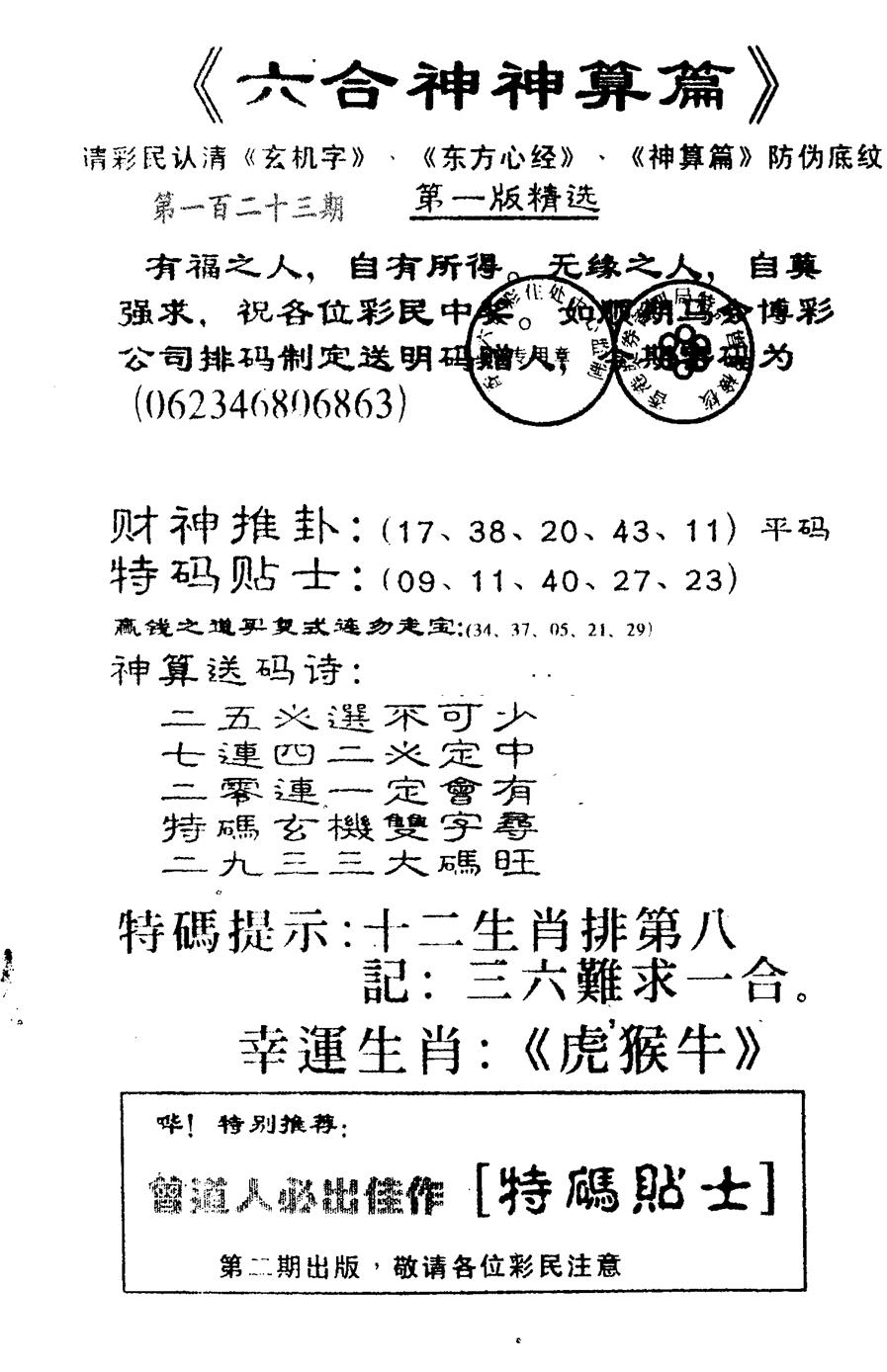 六合彩123期六合神算篇A(黑白)