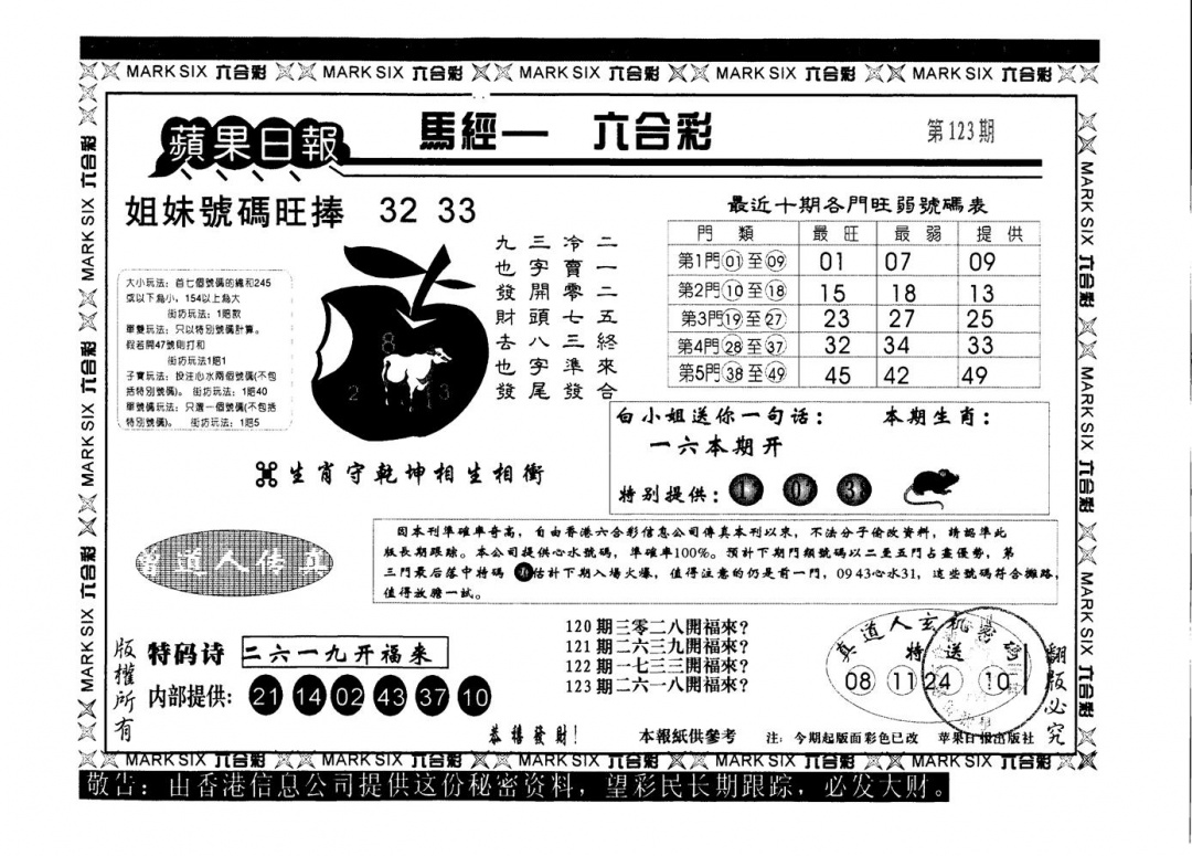 六合彩123期苹果日报B(黑白)