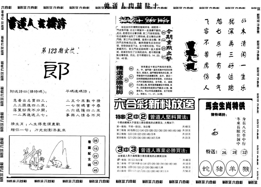 六合彩123期另内幕贴士B(黑白)