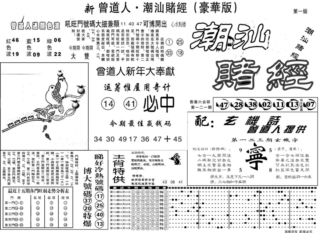 六合彩123期另潮汕赌经濠华版A(黑白)