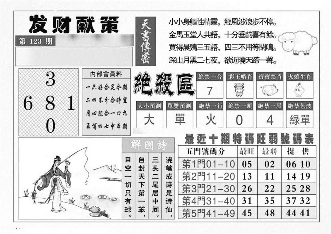 六合彩123期发财献策(特准)(黑白)