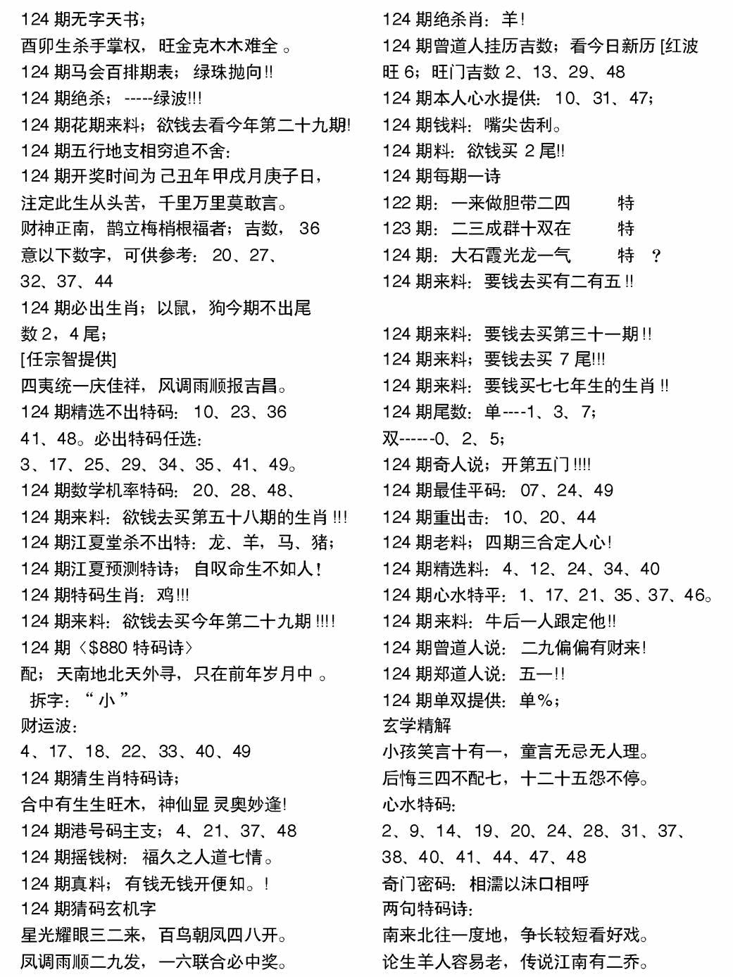 六合彩124期当日电脑综合资料A(黑白)