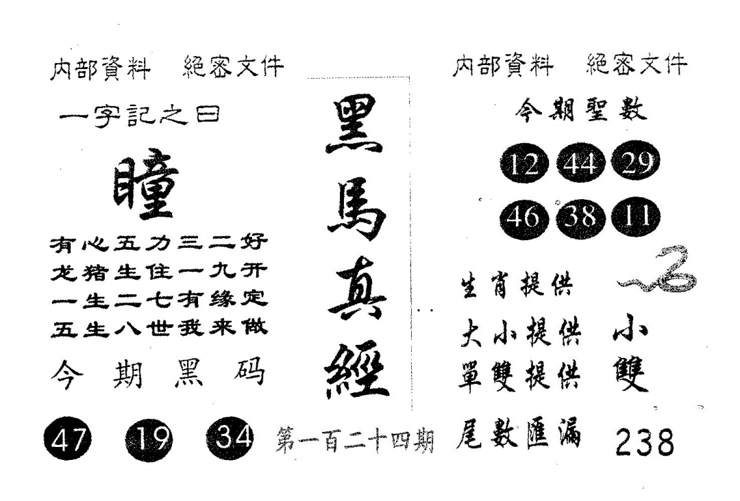 六合彩124期黑马真经(黑白)