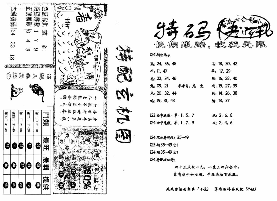六合彩124期特快快讯+玄机图(新)(黑白)