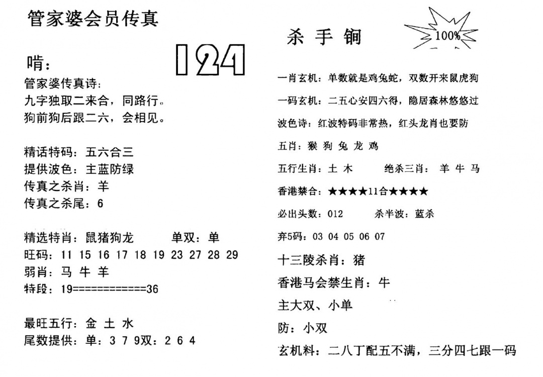 六合彩124期管家婆会员传真(黑白)