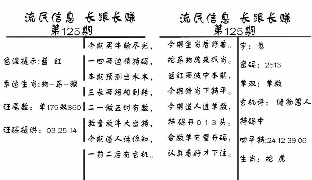 六合彩125期流民信息(黑白)