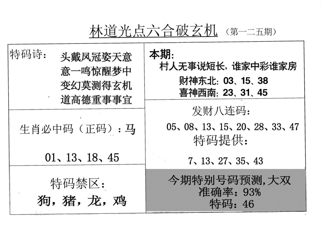 六合彩125期老林道光(黑白)