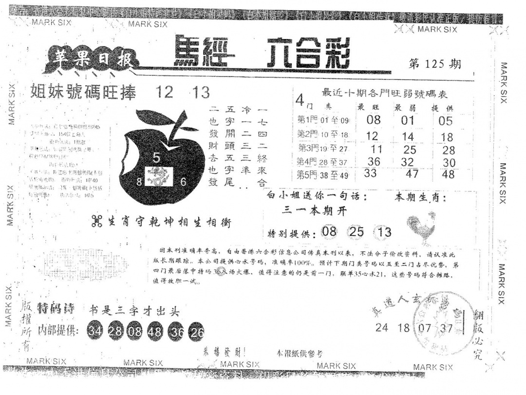 六合彩125期苹果日报A(黑白)