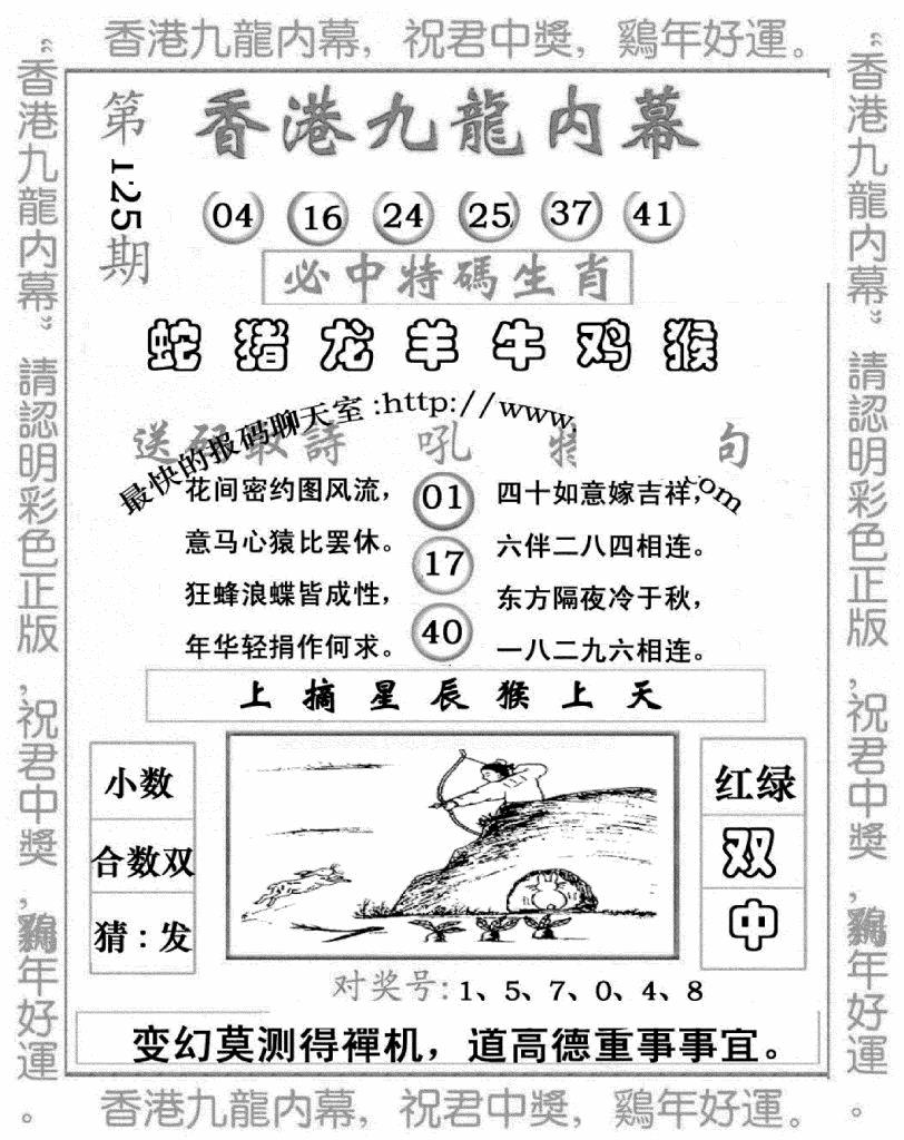 六合彩125期九龙内幕七肖图(新图)(黑白)
