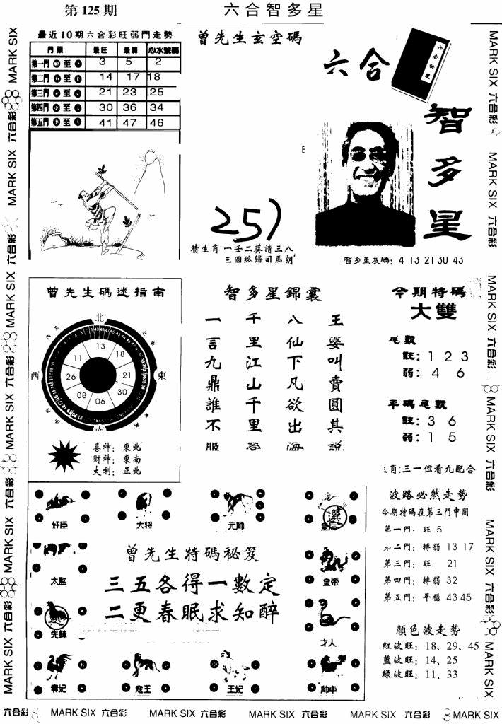 六合彩125期另六合智多星(早图)(黑白)