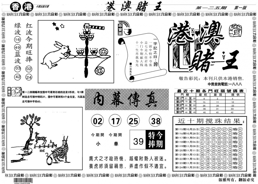 六合彩125期另版港澳赌王A(黑白)