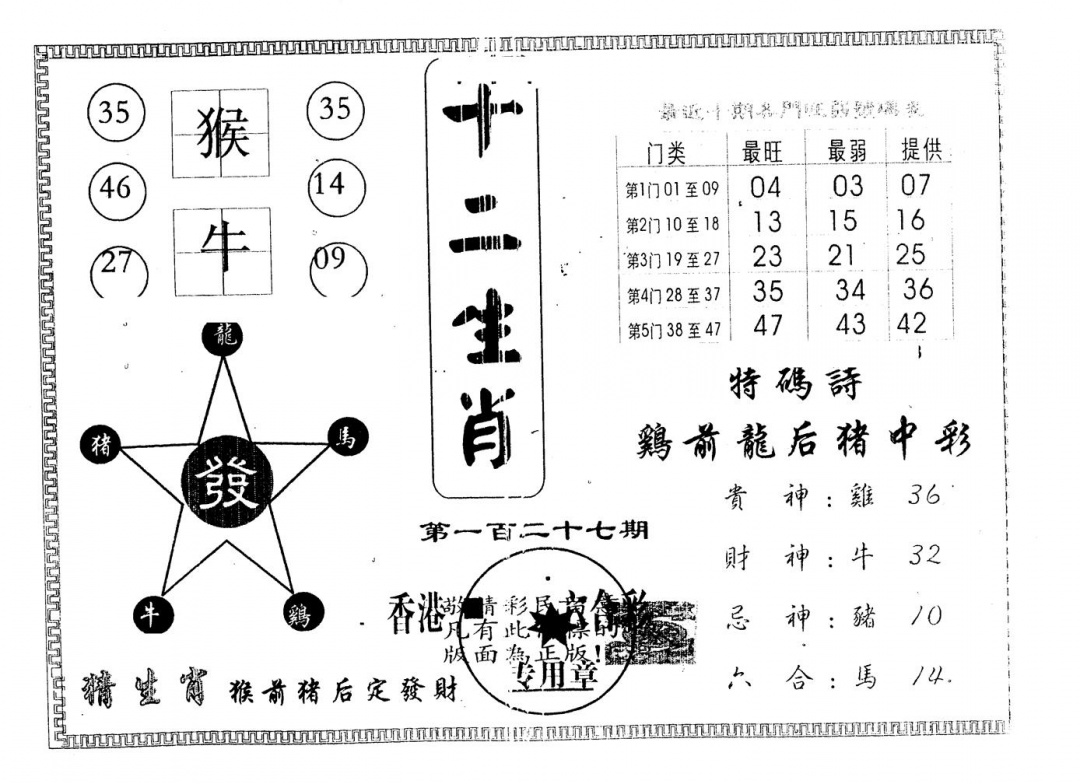 六合彩127期另版十二生肖(黑白)