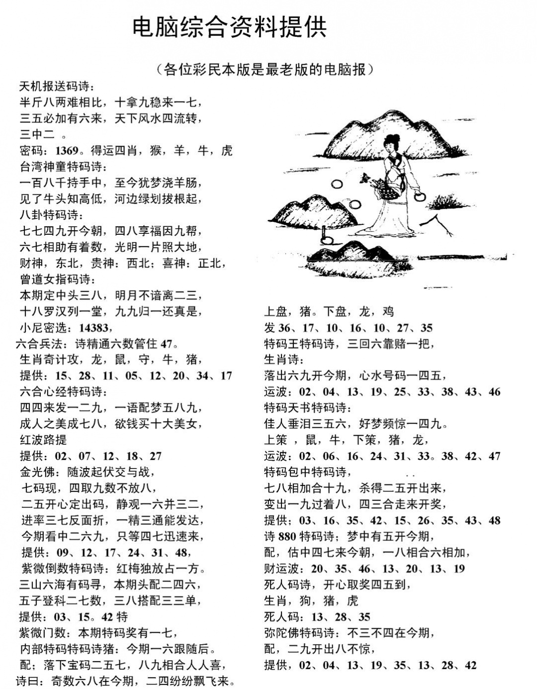 六合彩128期当日电脑综合资料C(黑白)