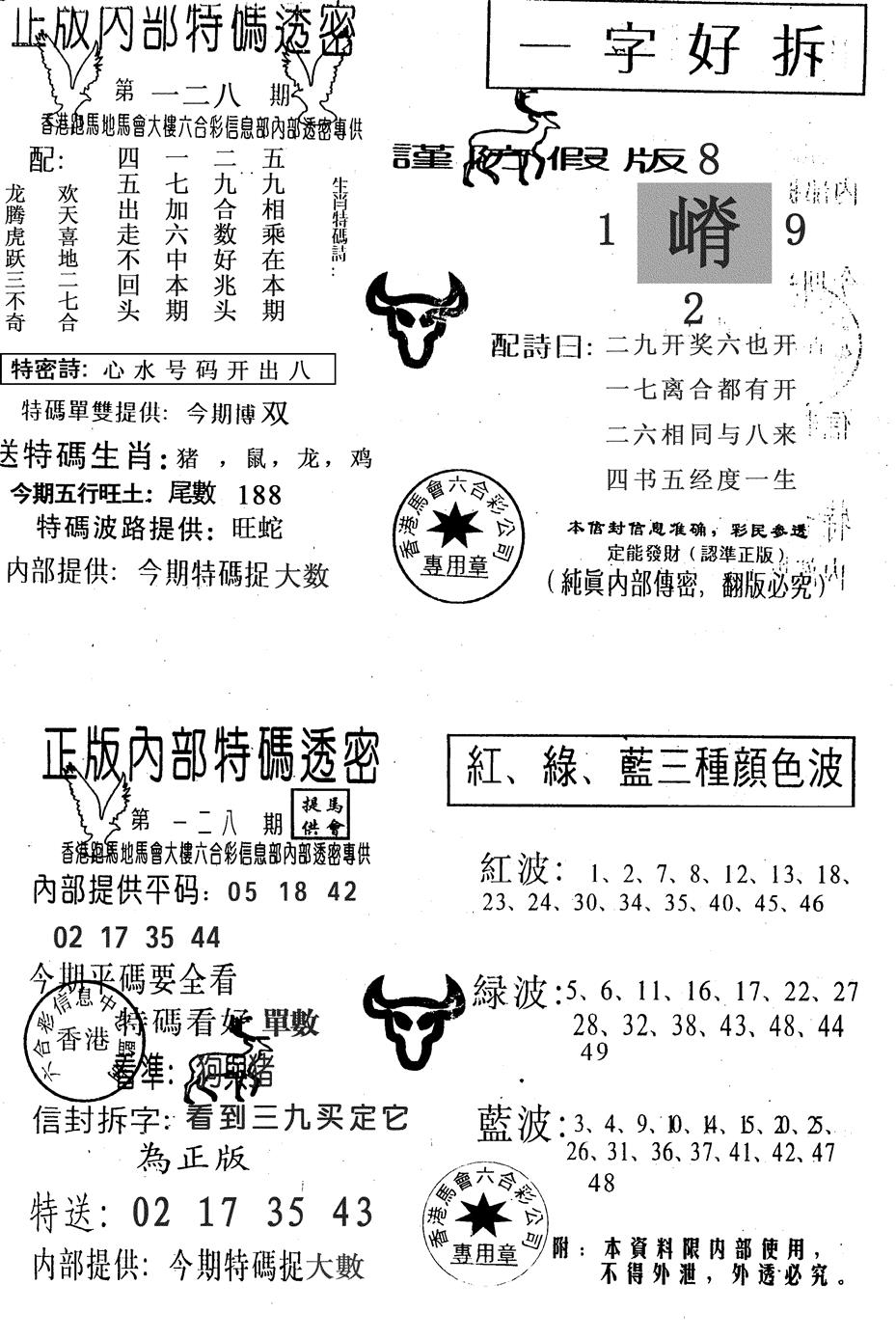 六合彩128期一字好拆(黑白)