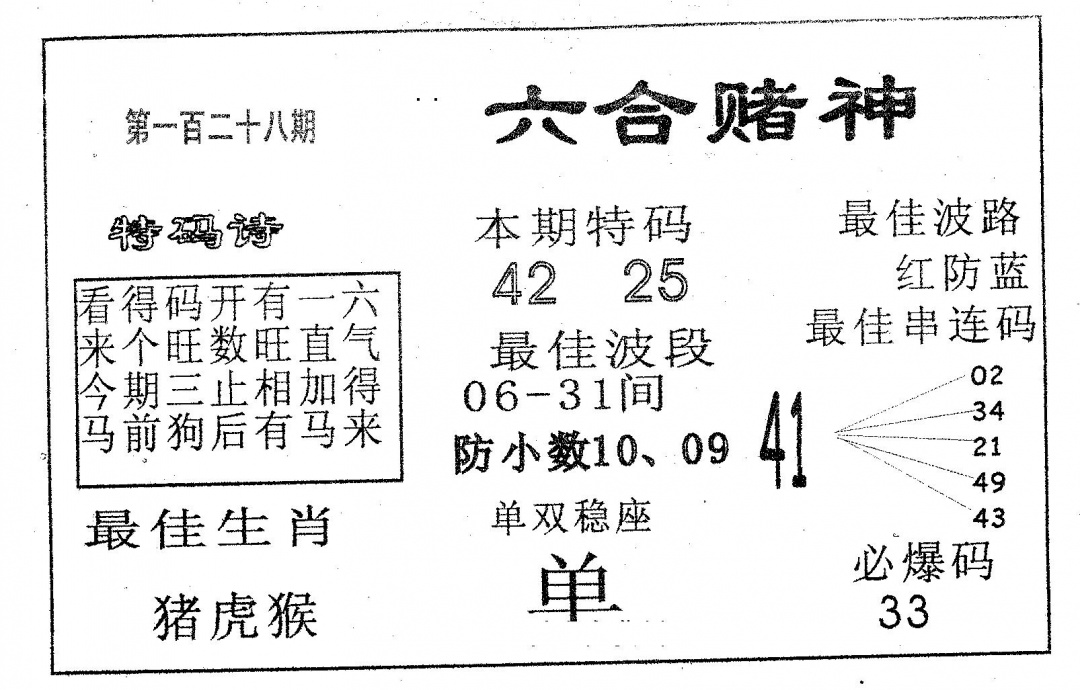 六合彩128期六合赌神(黑白)