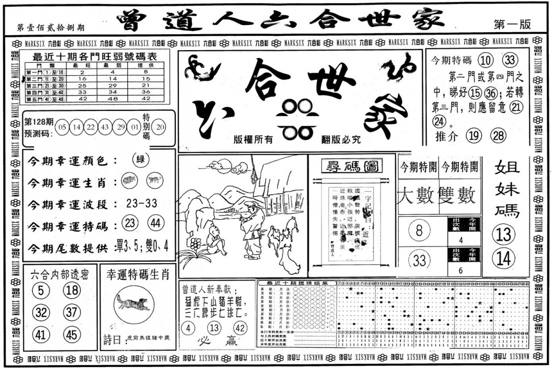 六合彩128期另版六合世家A(黑白)