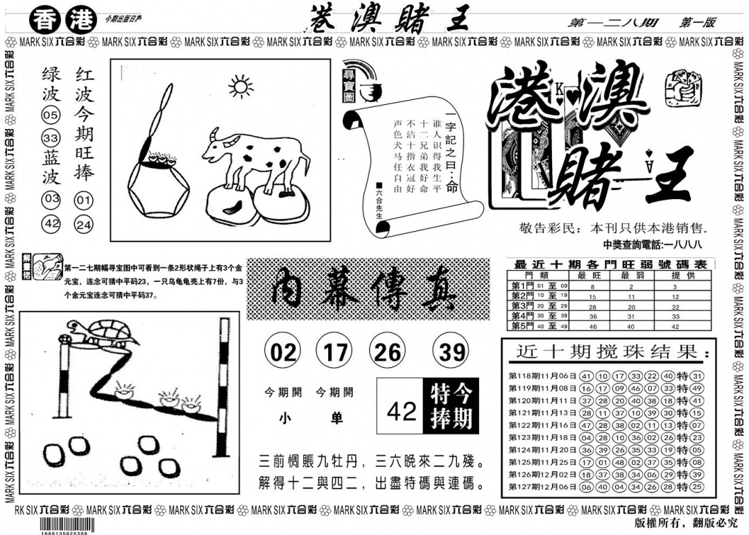 六合彩128期另版港澳赌王A(黑白)