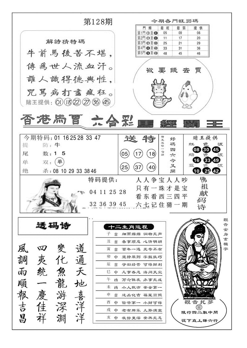 六合彩128期马经霸王(特准)(黑白)