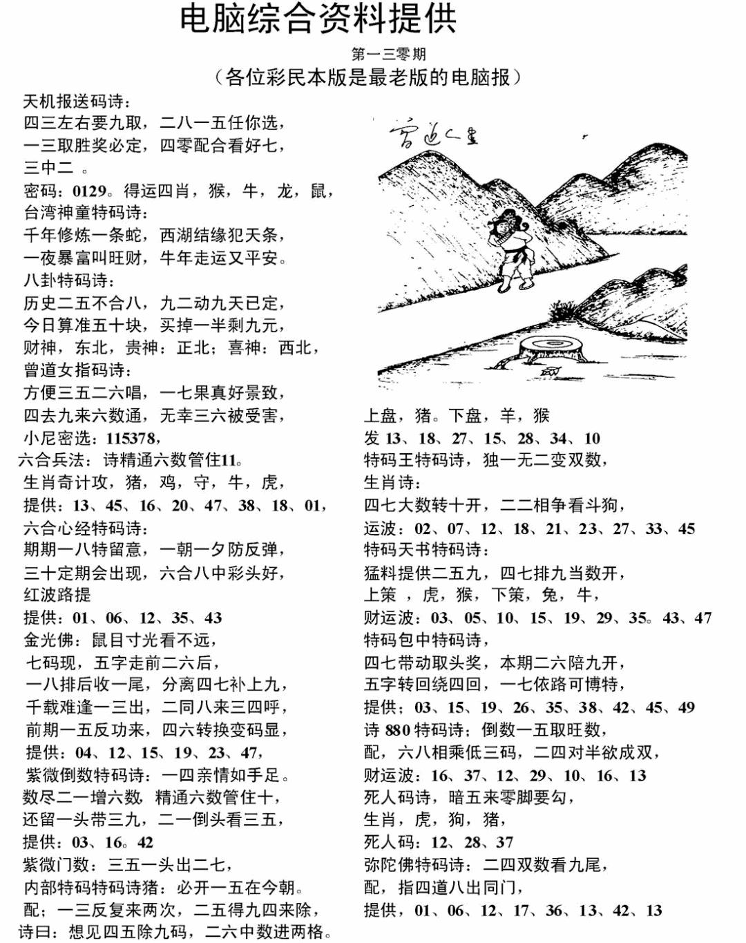 六合彩129期电脑综合资料A(黑白)