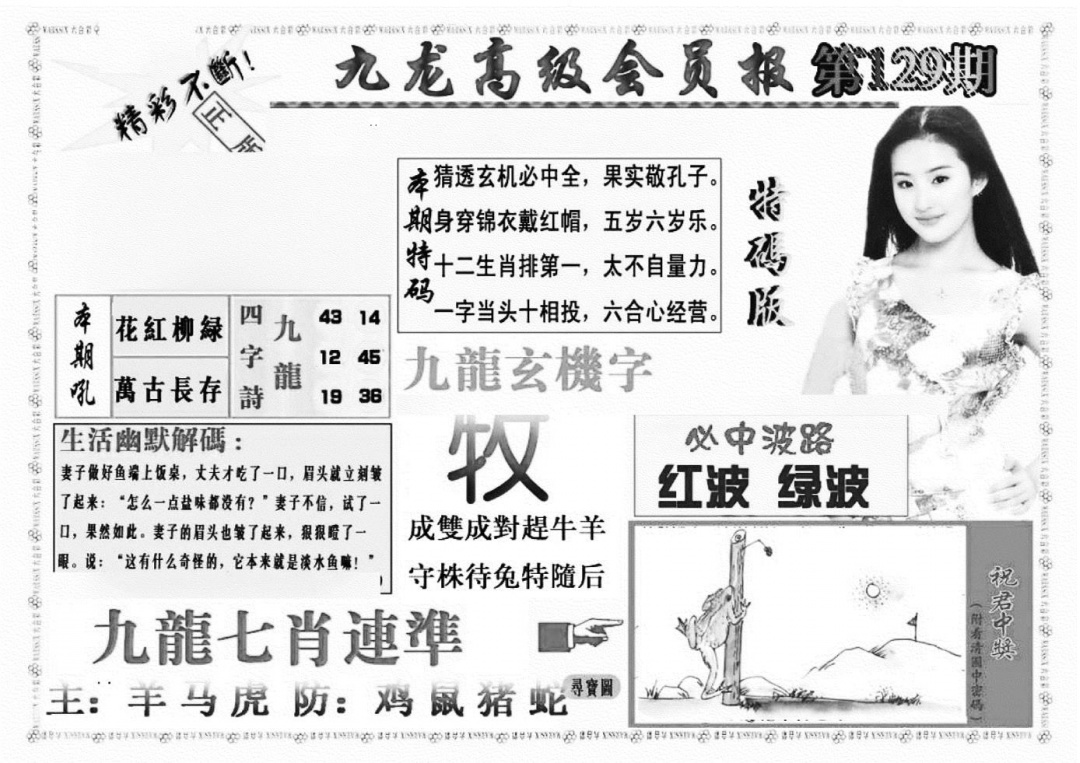六合彩129期九龙高级会员报(新图)(黑白)
