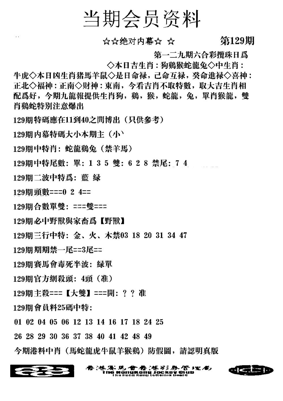 六合彩129期当期会员资料图(新料)(黑白)