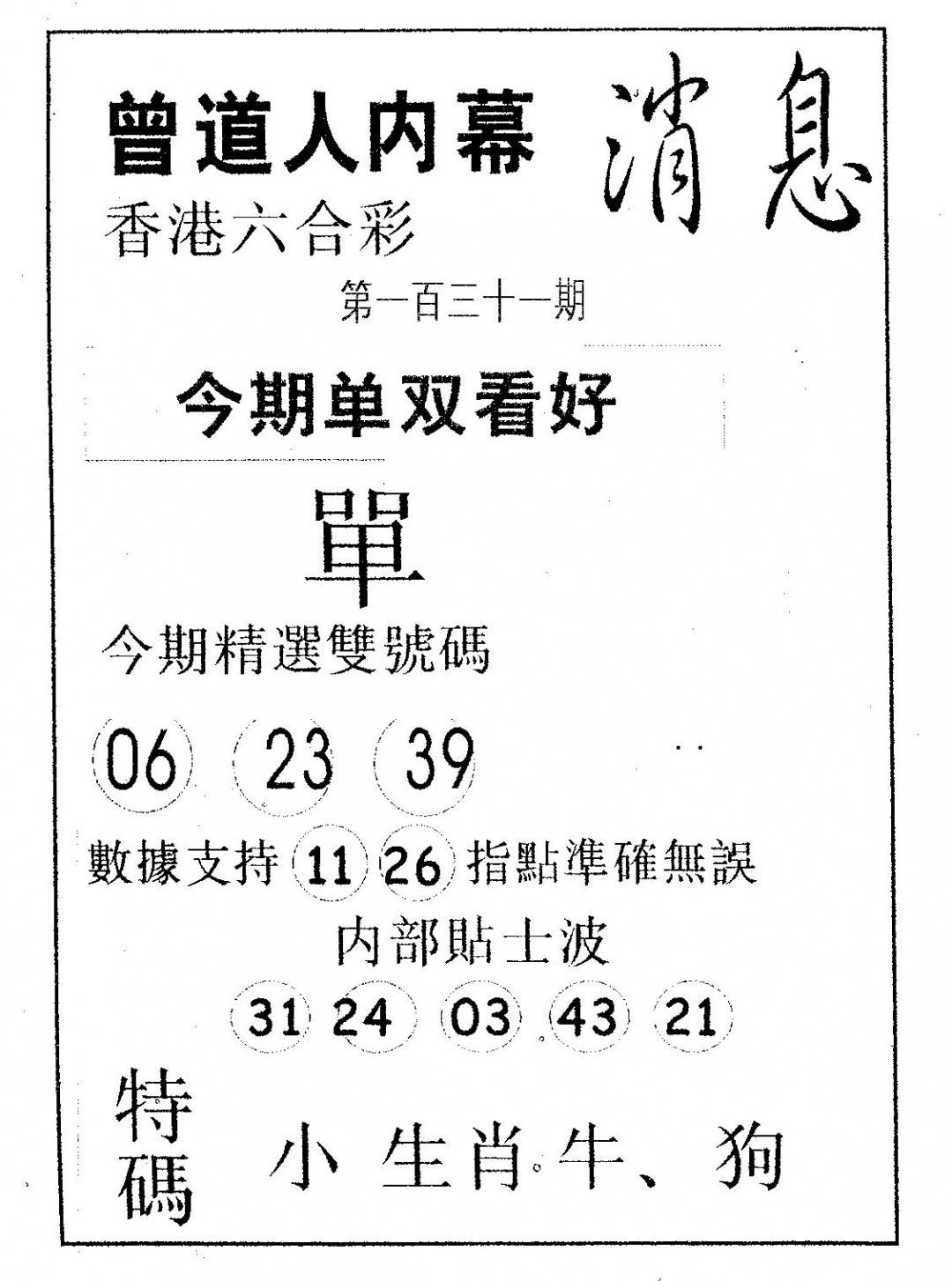 六合彩131期内幕消息(黑白)