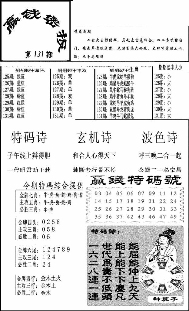 六合彩131期赢钱密报(新图)(黑白)