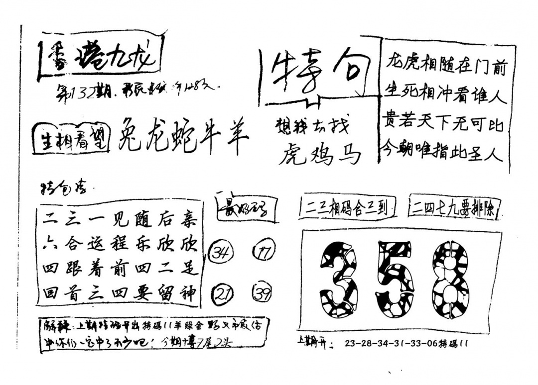 六合彩132期香港九龙(新图)手写(黑白)