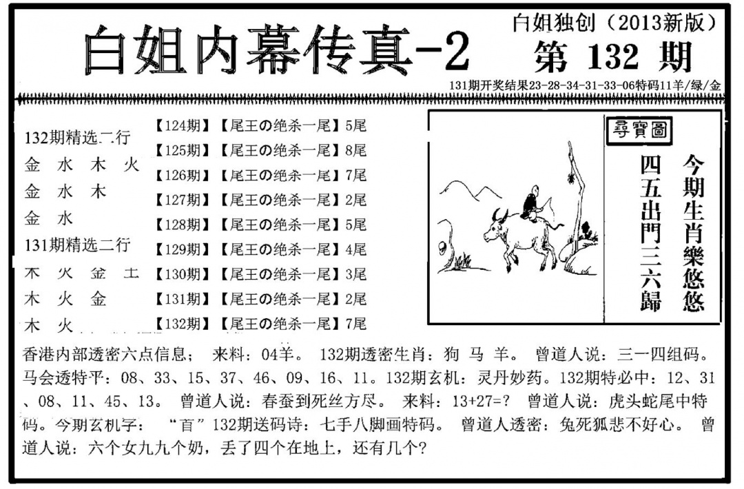 六合彩132期白姐内幕传真-2(新图)(黑白)