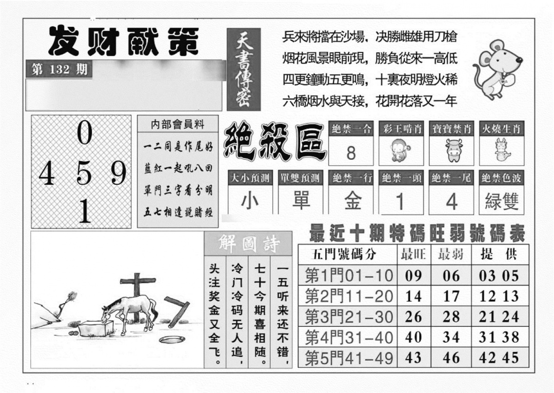 六合彩132期发财献策(特准)(黑白)