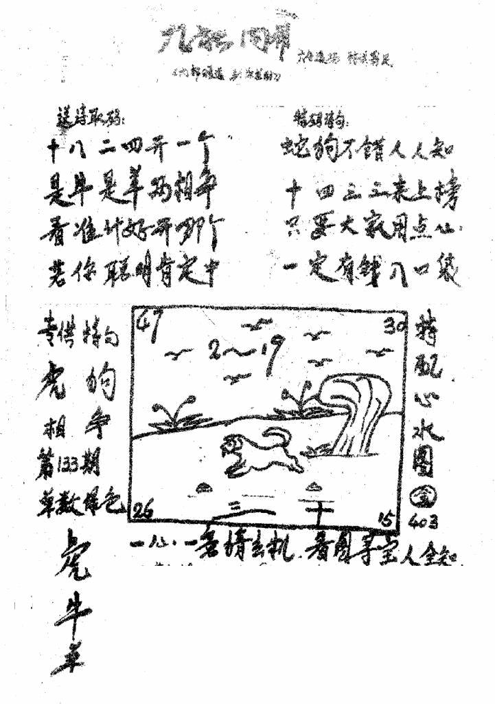 六合彩133期香港九龙传真3(手写版)(黑白)