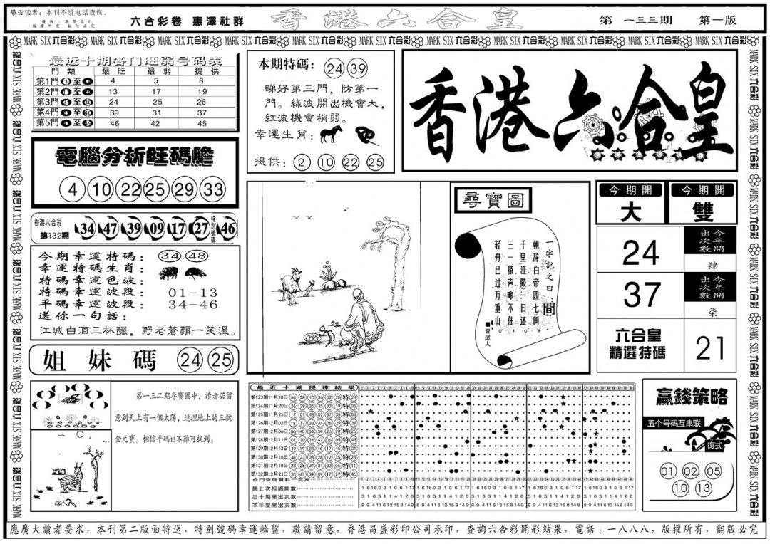 六合彩133期另版香港六合皇A(黑白)