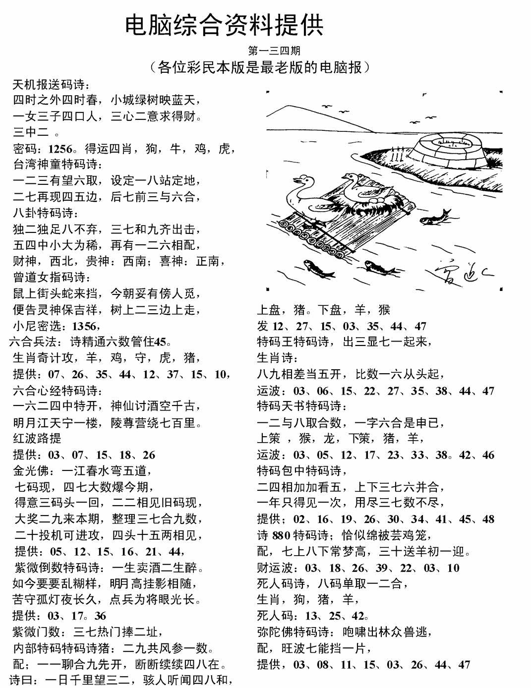 六合彩134期电脑综合资料A(黑白)