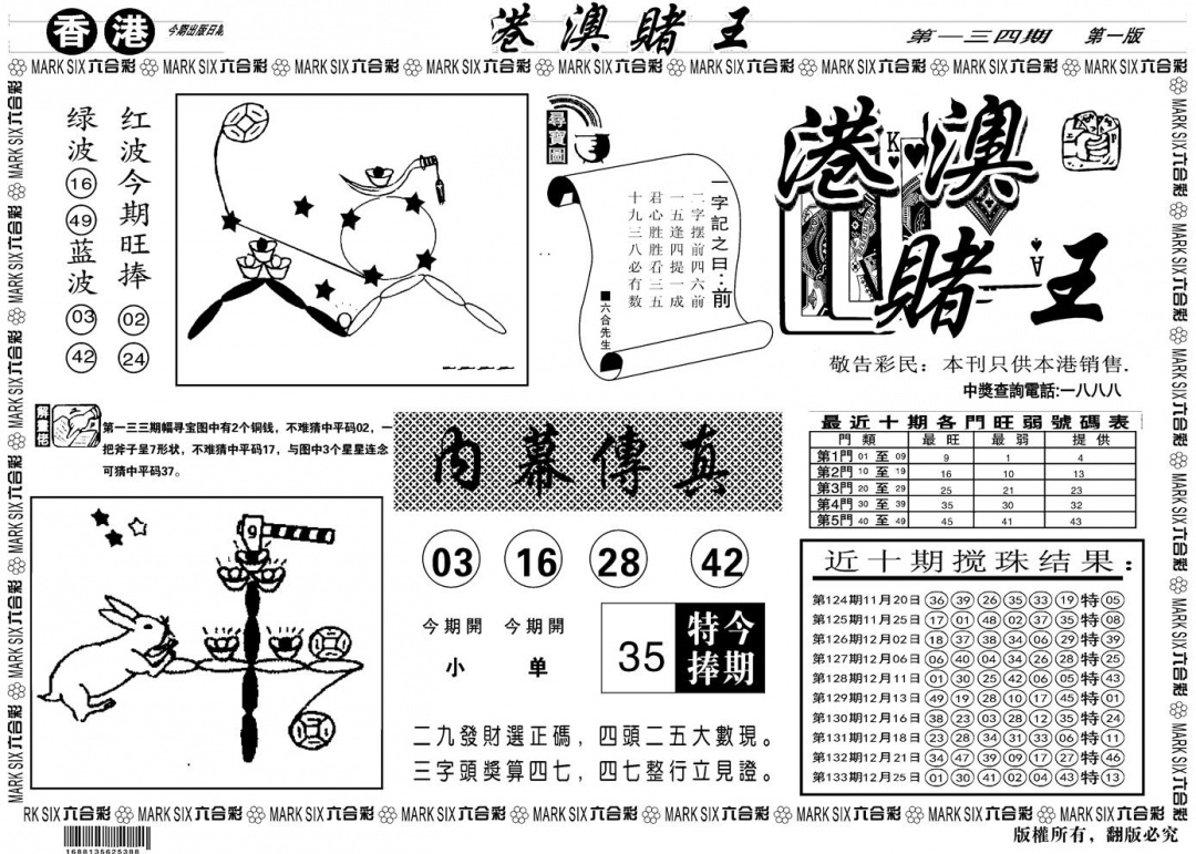 六合彩134期另版港澳赌王A(黑白)